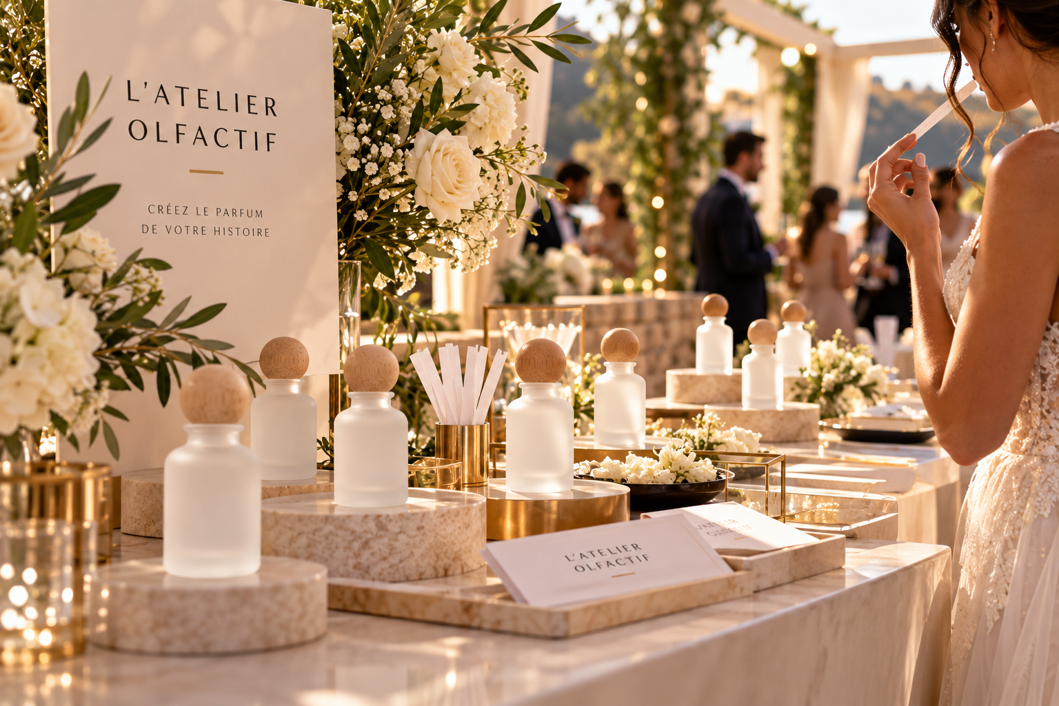 Table du bar à parfum L’Atelier Olfactif dressée pour un mariage : flacons, mouillettes et fleurs blanches, une invitée découvre une fragrance