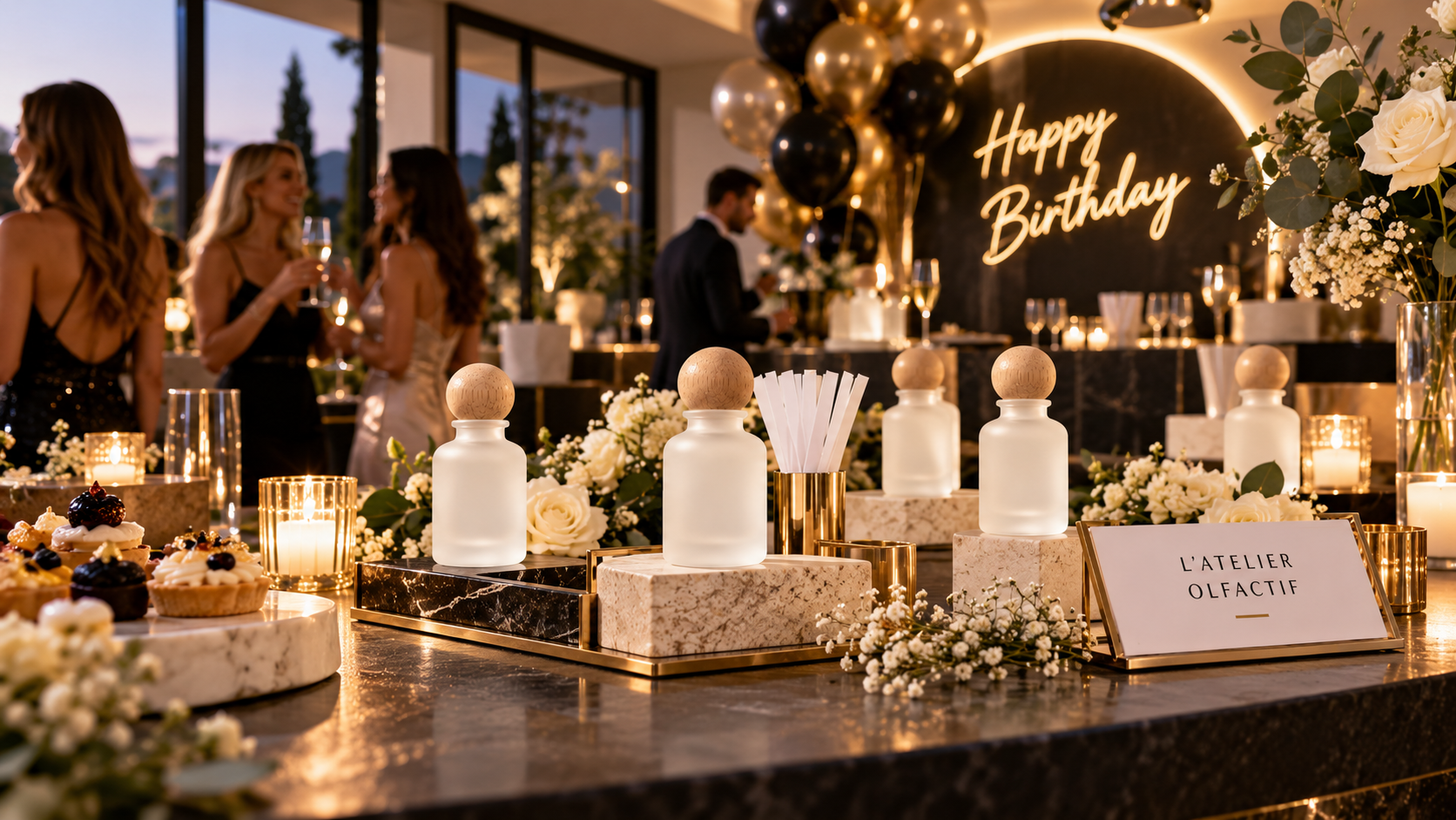 Flacons du bar à parfum L’Atelier Olfactif dressés pour une soirée d’anniversaire, avec ballons dorés et enseigne Happy Birthday
