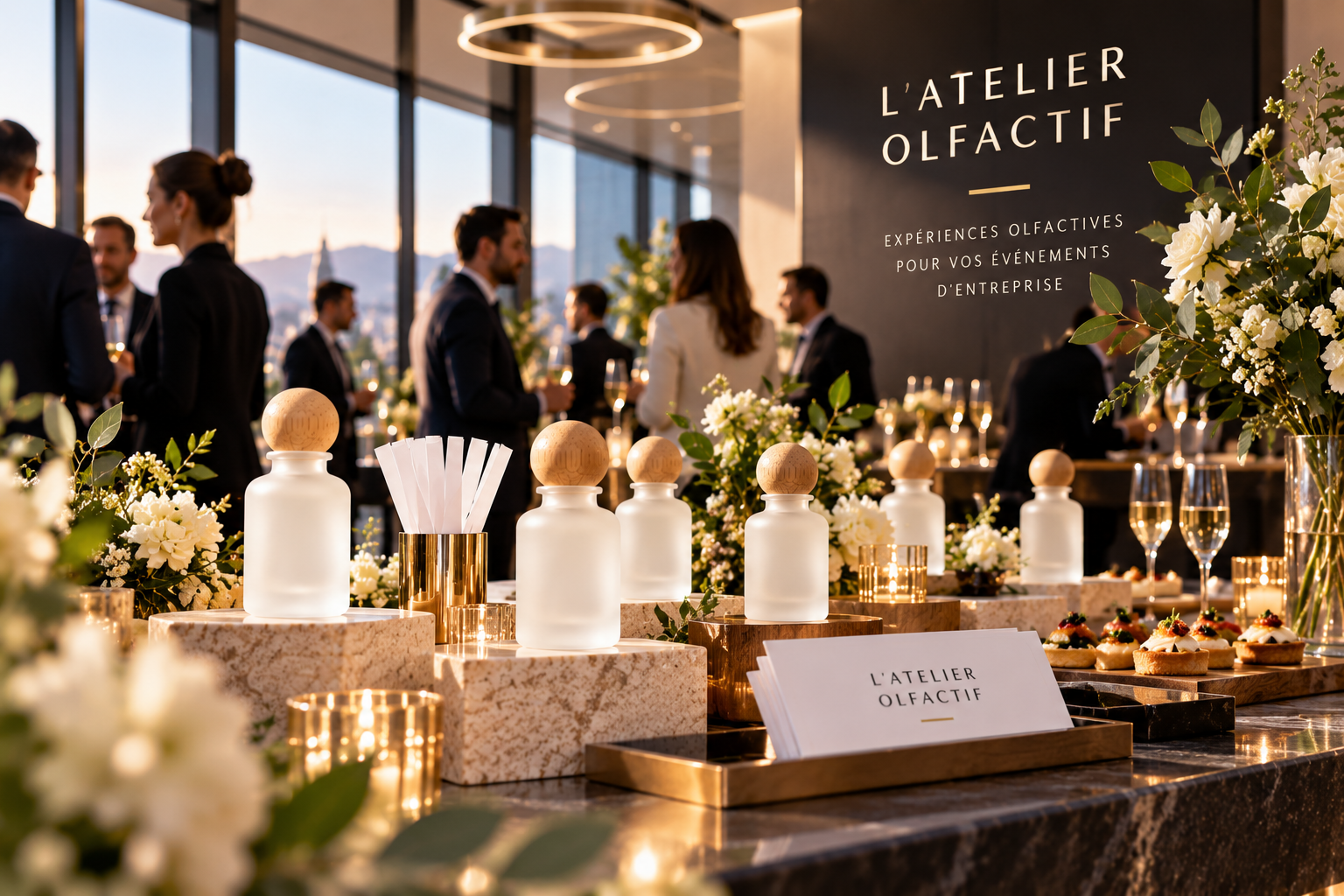 Flacons et mouillettes dressés par L’Atelier Olfactif pour une réception professionnelle