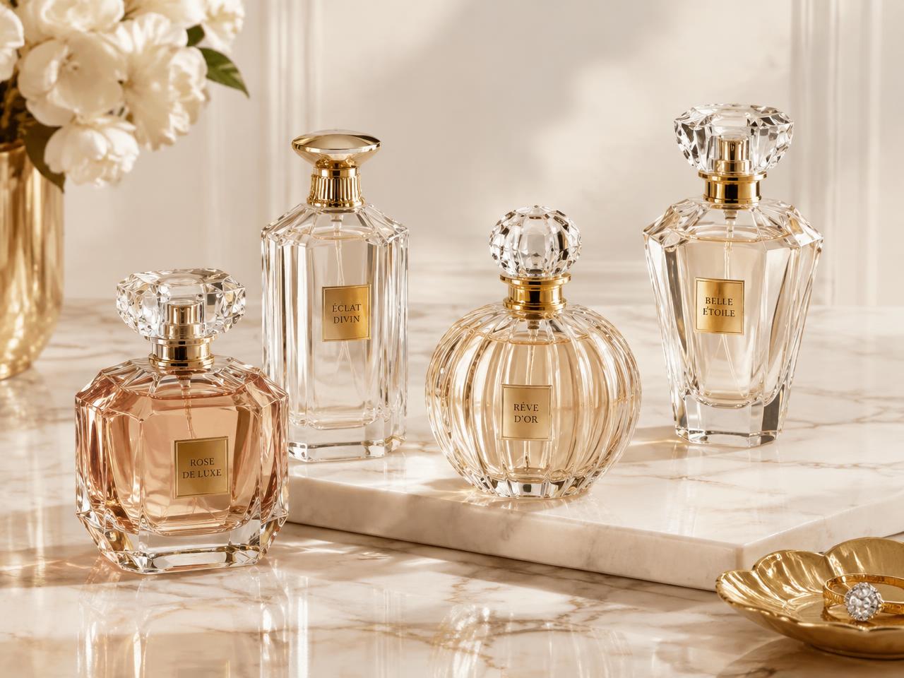 Flacons de parfum aux bouchons dorés