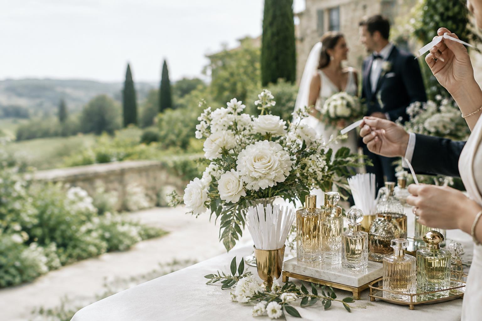 Flacons et mouillettes au bar à parfum d’un mariage dans un jardin provençal